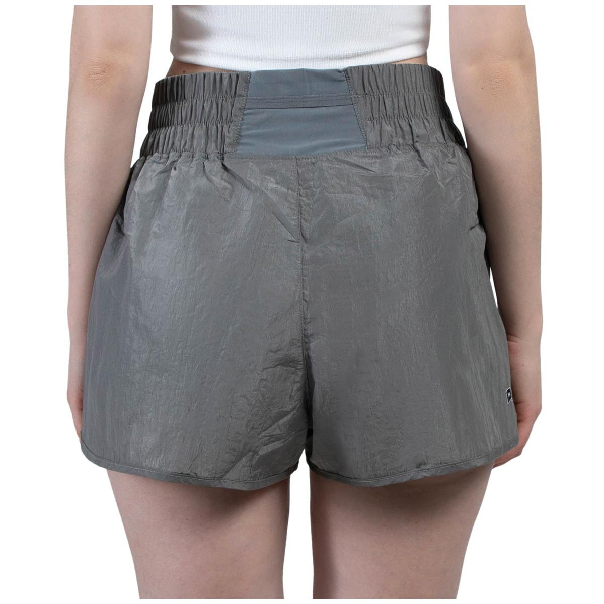 back view of model wearing women's high waisted gray shorts